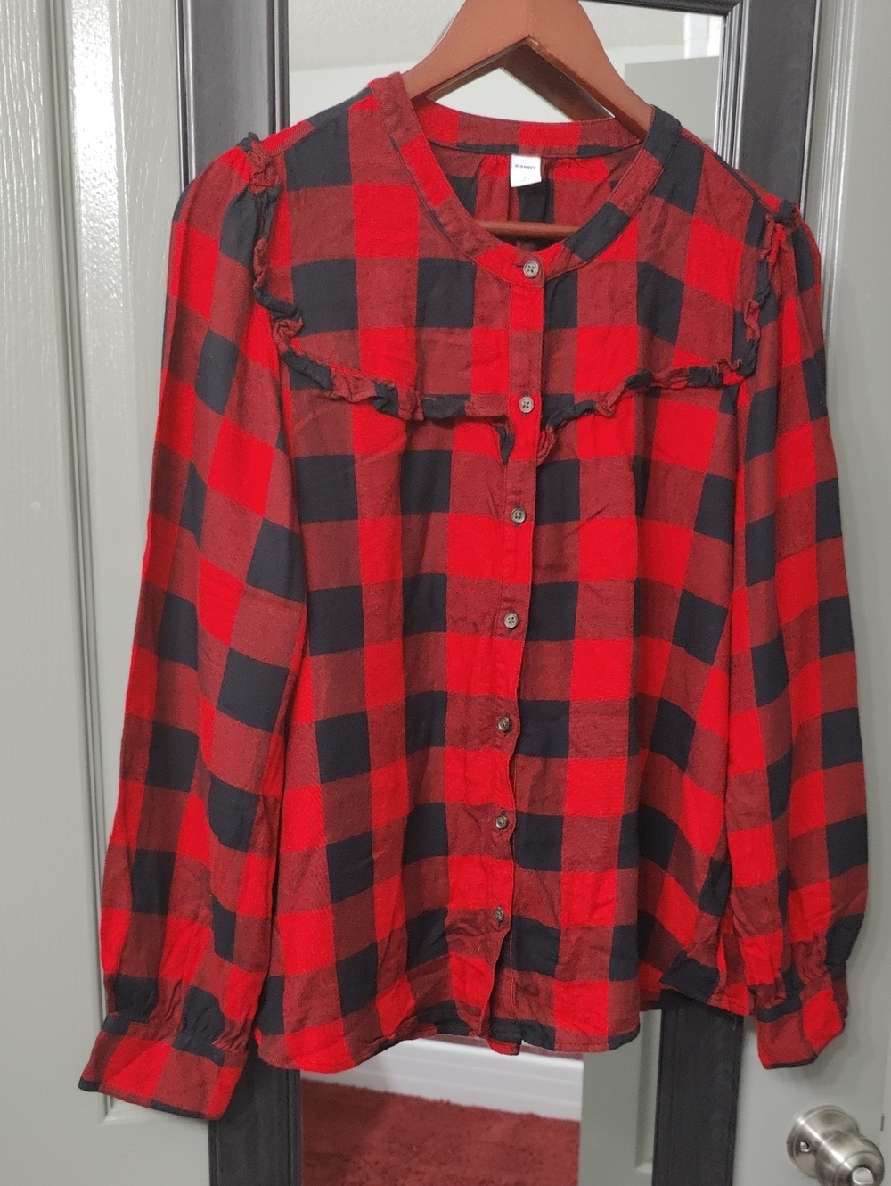 Old Navy Red and Black Plaid Ruffle Button-Down Shirt
